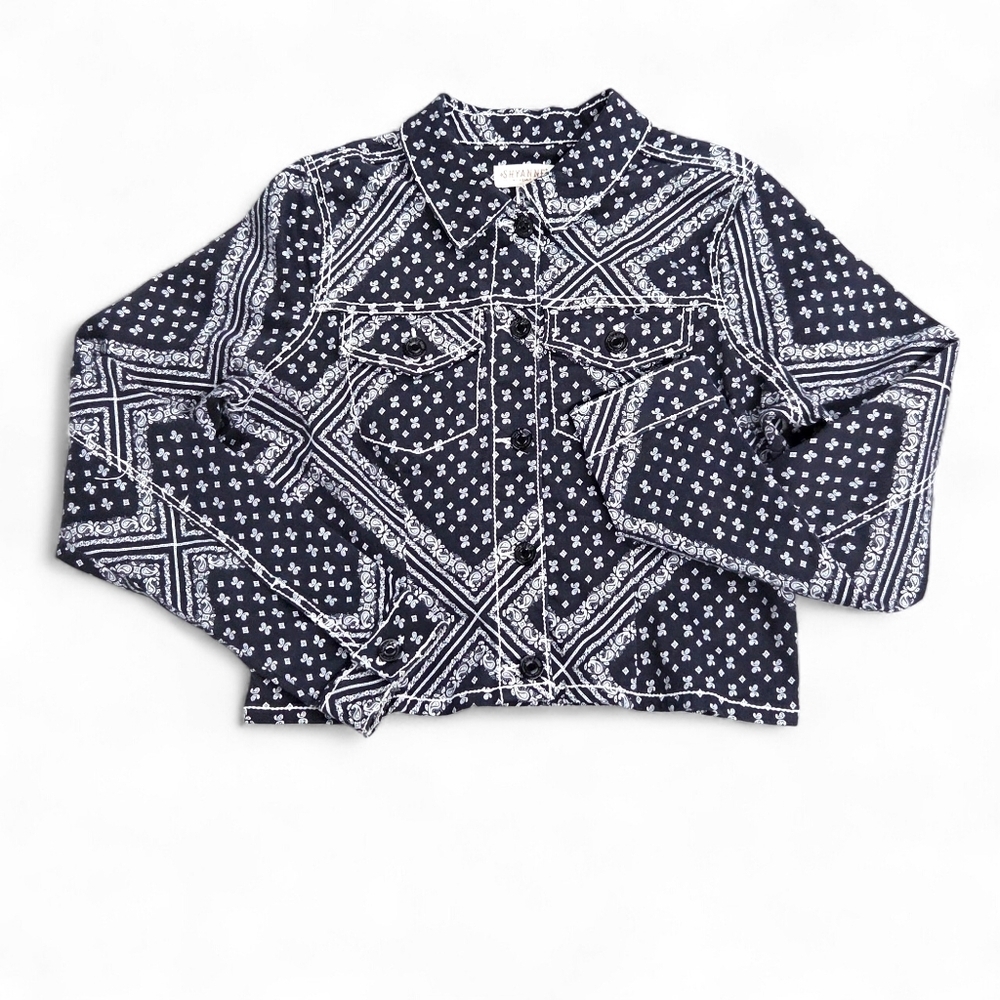 Shyanne Black Bandana Print Trucker Jacket - Boho Western Stretch - Medium